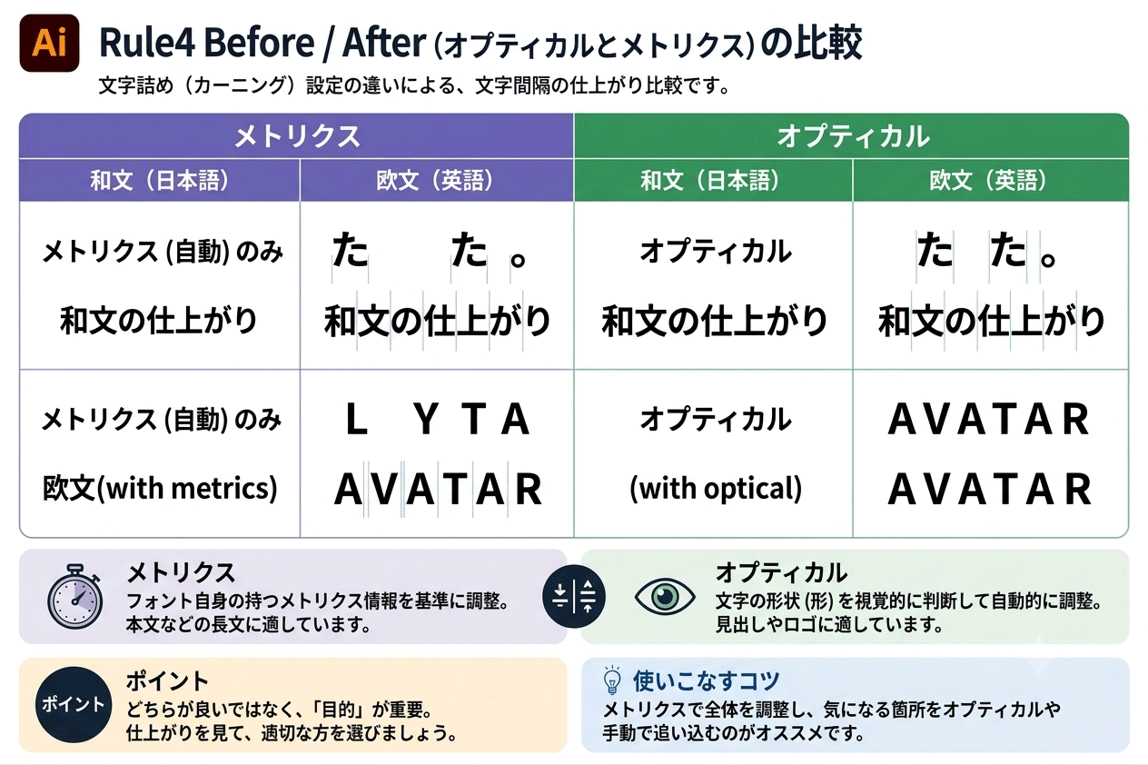 Illustratorの文字詰め・カーニング・トラッキングの違いとは？現場で使い分けるコツを解説 | オプティカルとメトリクスの比較