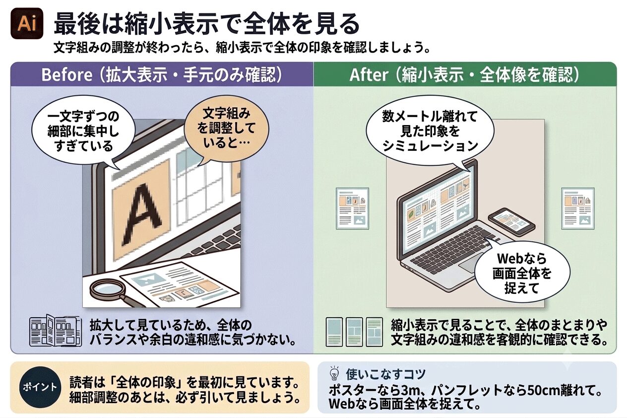 Illustratorの文字詰め・カーニング・トラッキングの違いとは？現場で使い分けるコツを解説 | 縮小表示で全体を見る