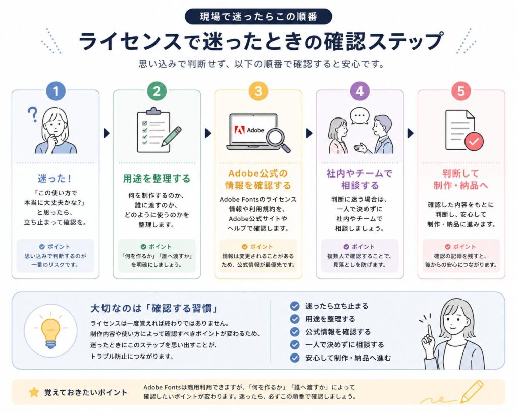 Adobe Fontsのライセンスで迷ったときの確認手順をまとめたロードマップ。用途確認からAdobe公式情報の確認、判断、納品までの流れを図解。